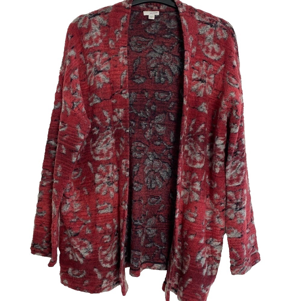 Pure Jill Cardigan Women S Red Excellent Floral Jacquard Open Front Knit Sweater